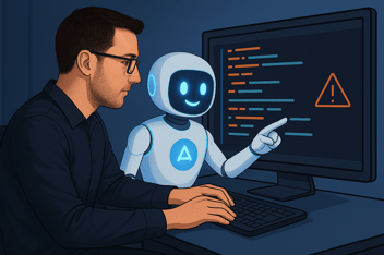Human developer and friendly robot working together at a computer screen. Robot points at screen, indicating an error in the developer's code.