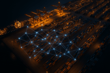 Vista aérea de un puerto marítimo global al anochecer, con contenedores, grúas y líneas sutiles que representan conectividad habilitada por inteligencia artificial.