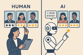 Image of a human giving an evaluation of other humans and a robot giving an evaluation of humans