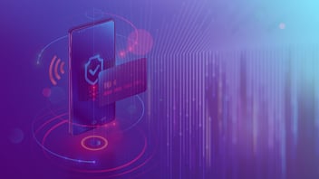 Making a purchase using a smartphone over a colorful background.