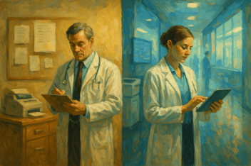 Pintura dividida sobre la transformación digital en salud, con una clínica tradicional y un hospital moderno