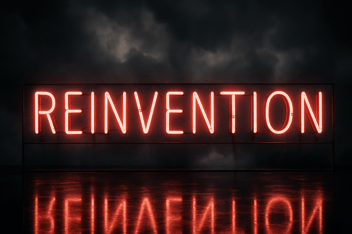 Neon sign reading 'REINVENTION' with flickering and broken lights against a stormy backdrop, symbolizing the illusion of constant transformation
