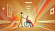 minimalistic and artistic illustration of a nurse pushing a patient down a hallway. Art uses warm tones and streaking lines to represent technology.