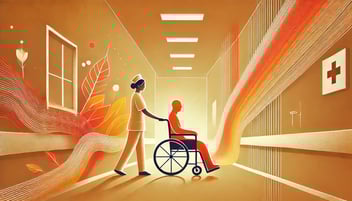 Una ilustración minimalista y artística de una enfermera empujando a un paciente por un pasillo. El arte utiliza tonos cálidos y líneas estilizadas para representar la tecnología