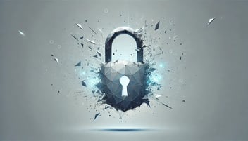 A minimalist, abstract digital painting of a padlock shattering into geometric shards, AI-generated with ChatGPT in 2025