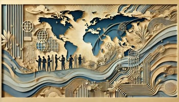 Fine art paper cut collage-style digital art symbolizing nearshore digital collaboration, generated by DALL-E with ChatGPT