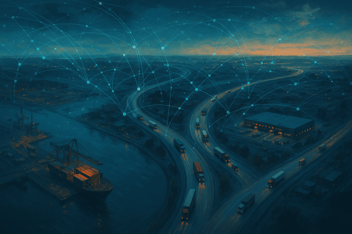 Stylized aerial view of a global supply chain with data flows.
