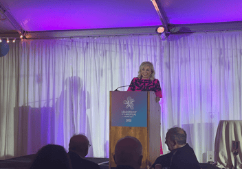 Blanca Treviño speaking at the awards gala