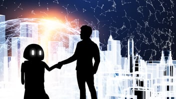 Human and robot silhouettes shaking hands in front of cityscape backdrop 