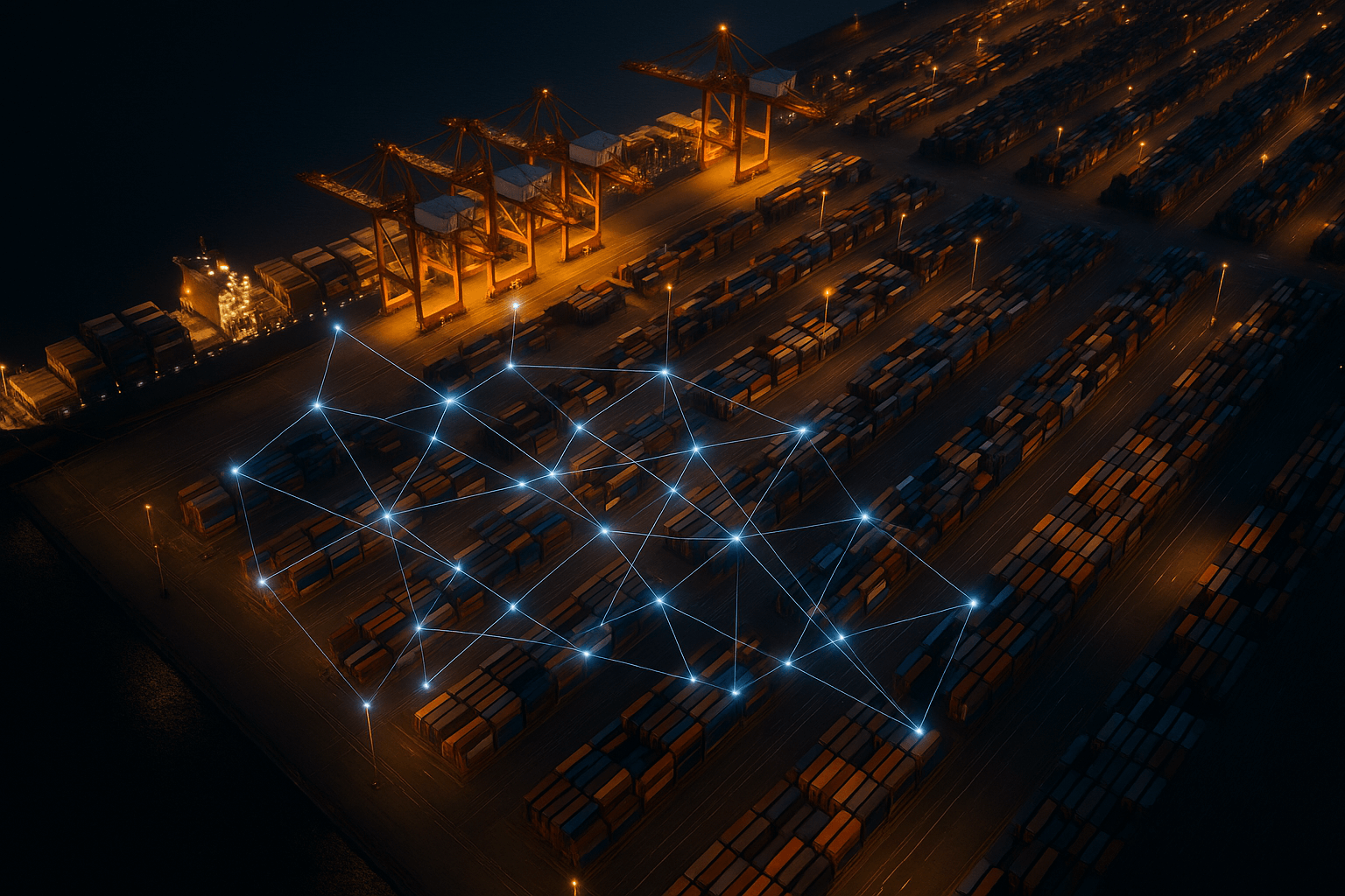 Vista aérea de un puerto marítimo global al anochecer, con contenedores, grúas y líneas sutiles que representan conectividad habilitada por inteligencia artificial.