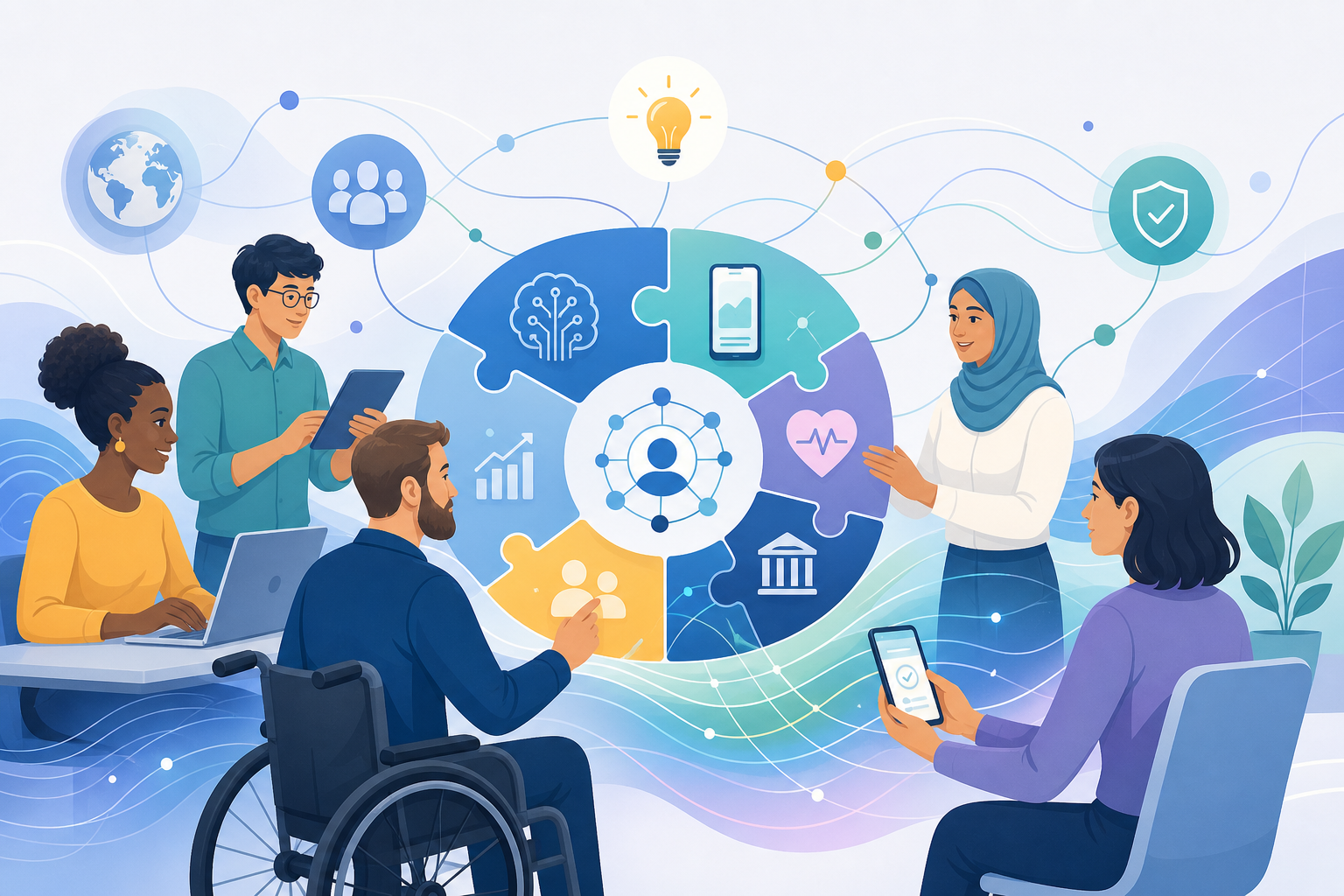 Ilustración de un equipo diverso colaborando para diseñar soluciones tecnológicas centradas en las personas.
