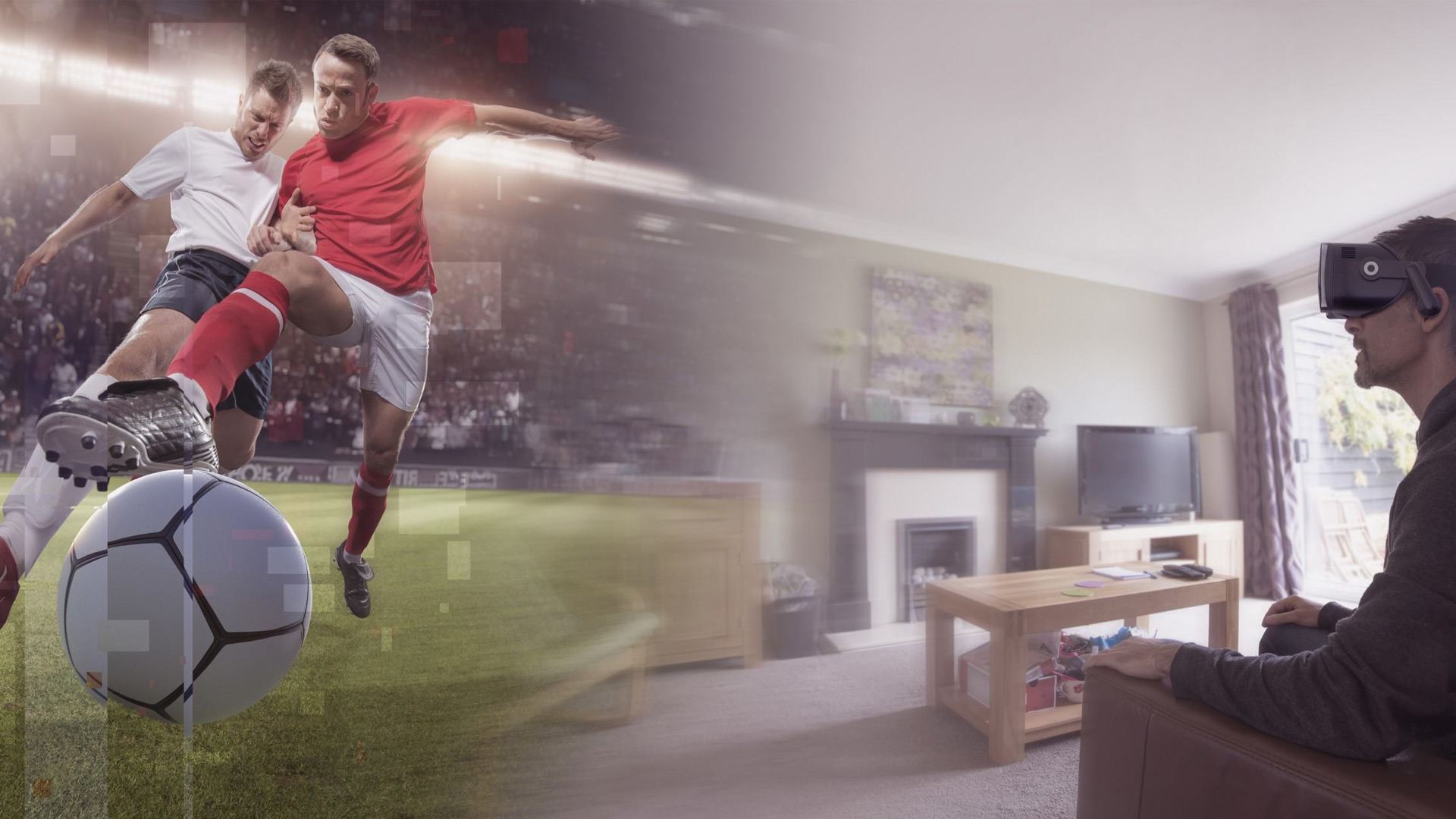 Man watches professional soccer through VR headset in living room