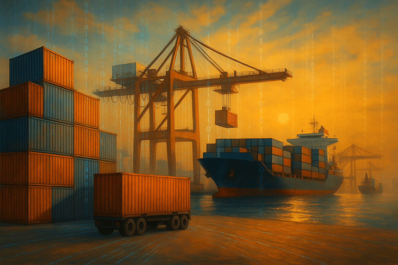 Pintura digital de un puerto marítimo al atardecer, con elementos sutiles de datos que representan logística impulsada por IA e integración digital en la cadena de suministro