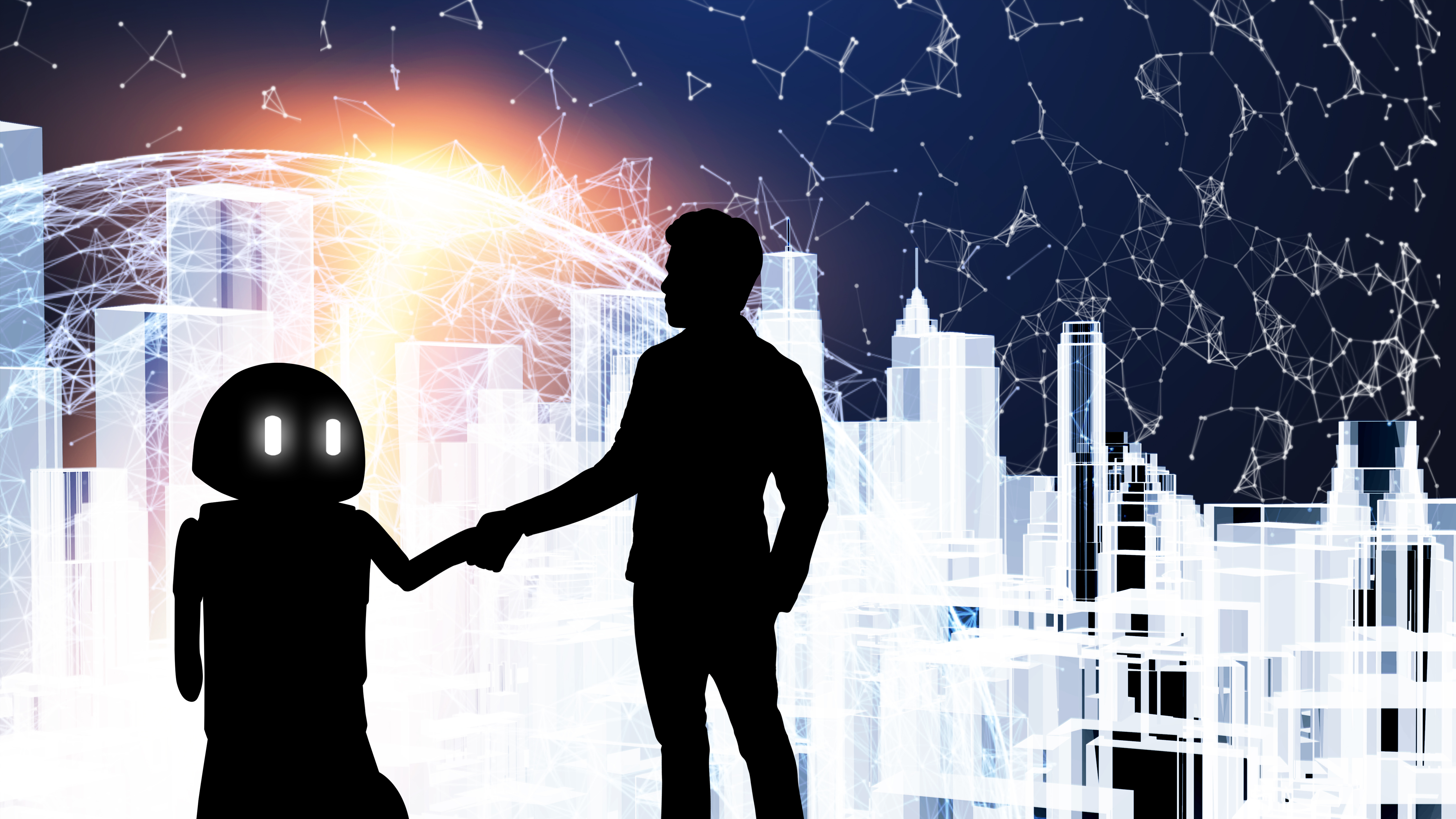 Human and robot silhouettes shaking hands in front of cityscape backdrop 
